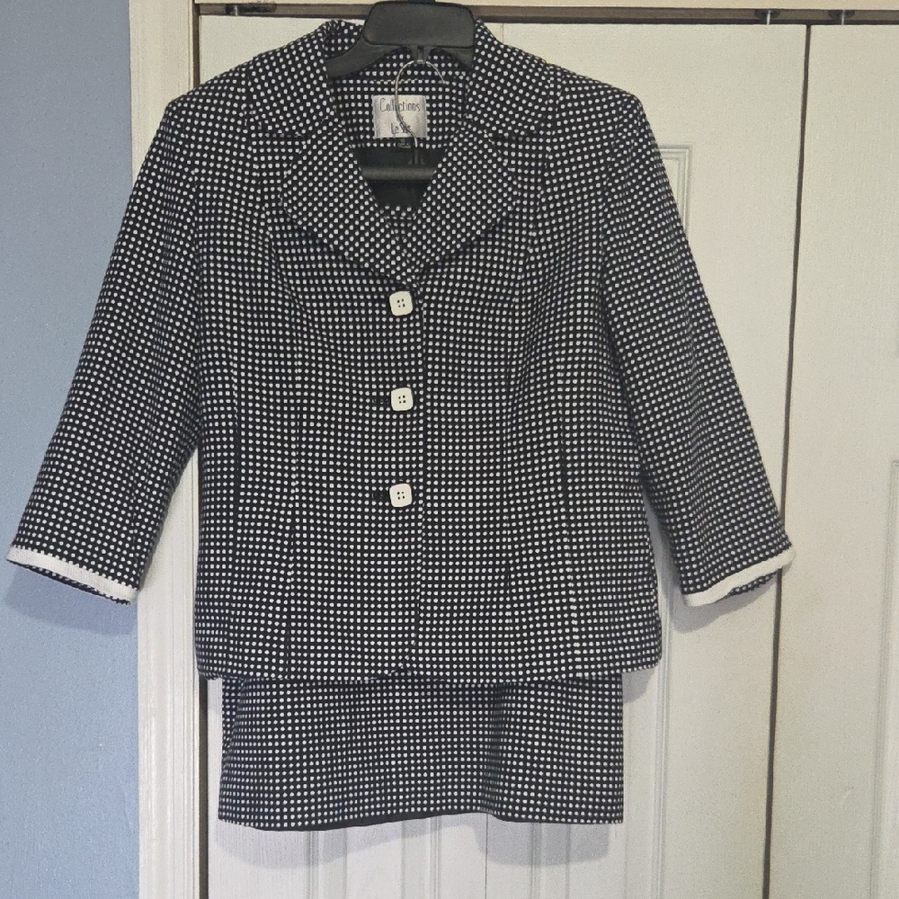 Le Suit Black and White Polka Dot Blazer and Lined Skirt Set